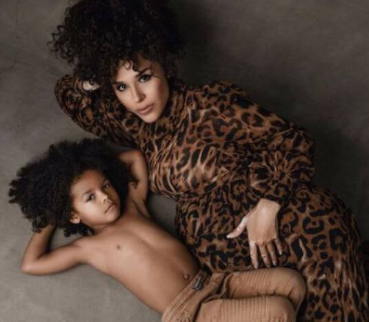 Little Golden Sagon Cannon posing with his mother Brittany Bell for a shoot.